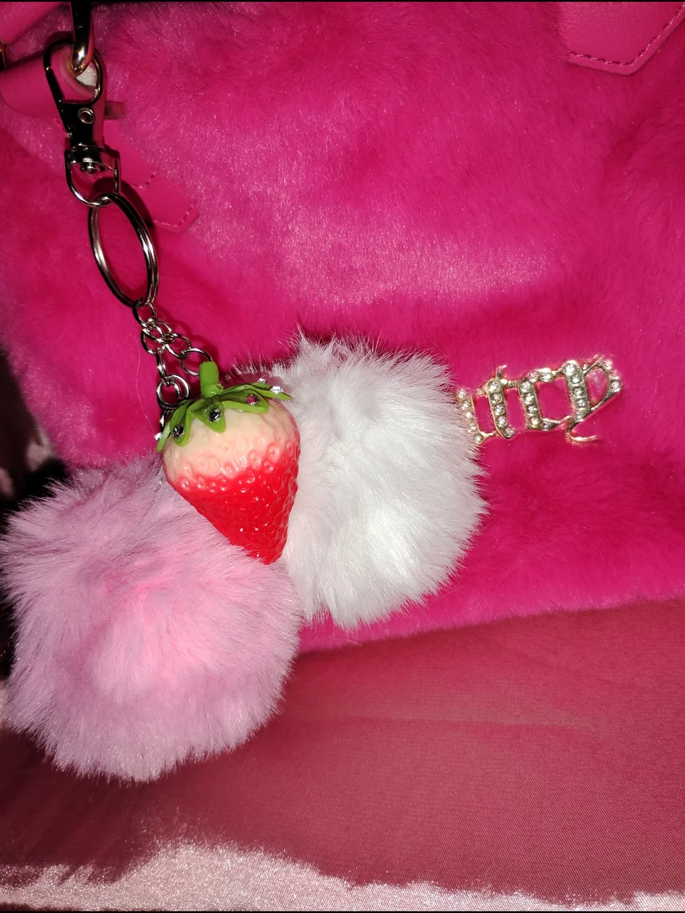Pink Faux Fur Pom Pom Keychain with Strawberry Charm